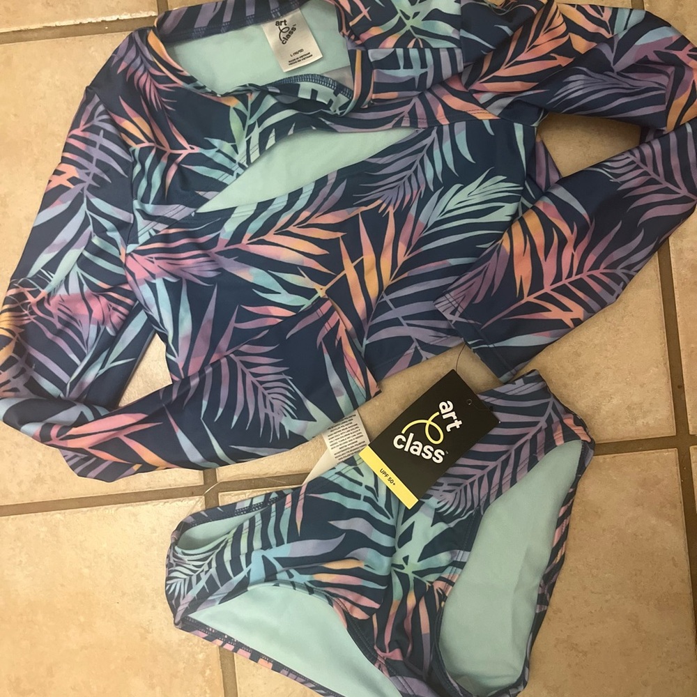 Girls art class tropical Colorful Leaf Print Swimsuit Set